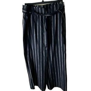 J Jill Linen Trouser Pants Women L Wide Leg Elastic Waist Belted Striped Casual